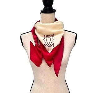 MUST DE CARTIER CREAM & RED FOULARD SILK SCARF - TONAL DESIGN OF C'S & BOWS